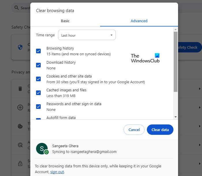 Clear browsing data in Chrome
