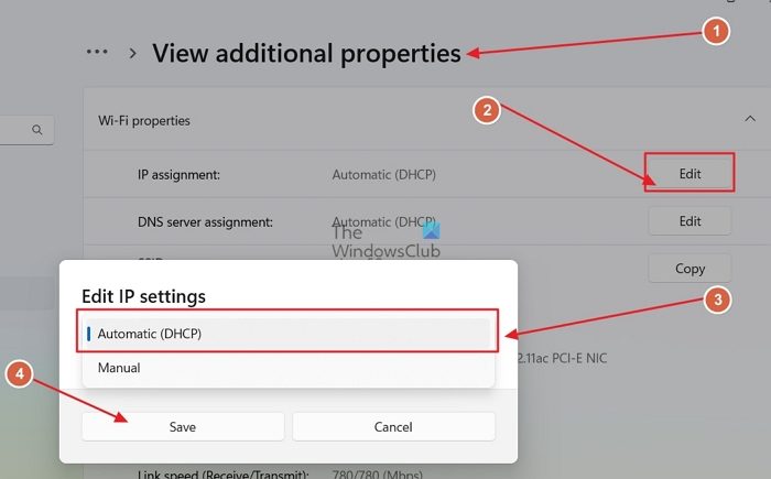 Select Automatic IP assignment for Wifi Adapter in Windows