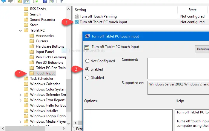 How to enable or disable Tablet PC touch input in Windows 10