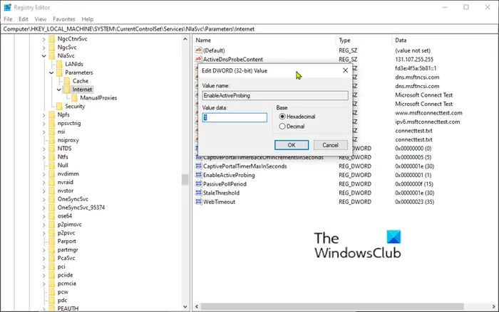 Registry settings to fix no internet access