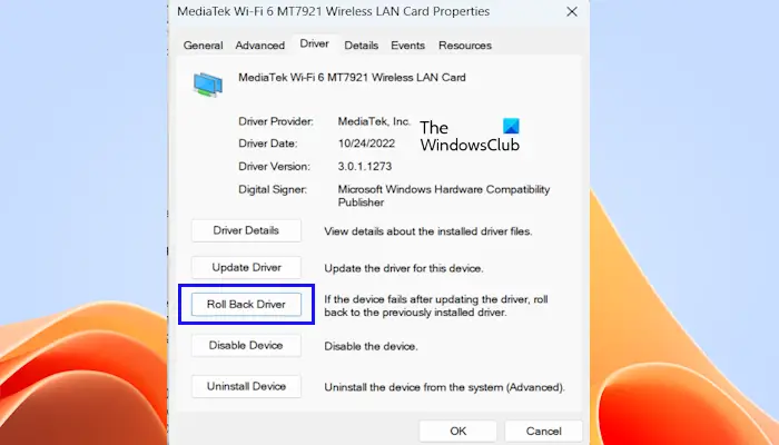 Roll back network adapter driver